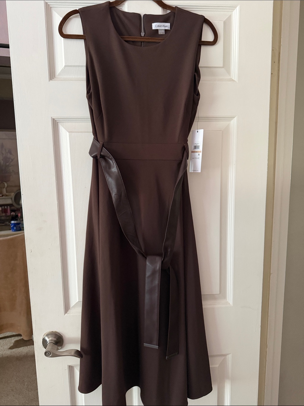 Calvin Klein Sleeveless Chocolate Brown Midi Dress With Belt